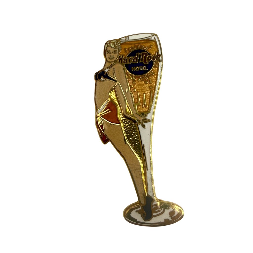 Hard Rock Hotel Pin Up Girl Champagne Flute Enamel Pin Brooch Gold Tone Vintage